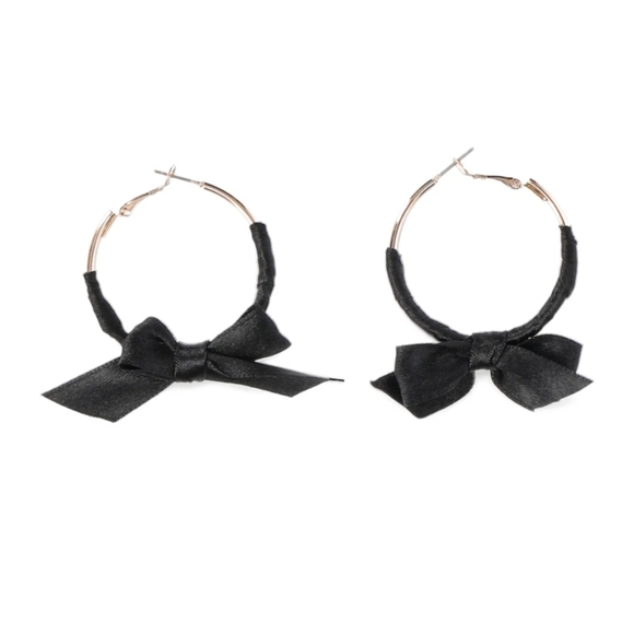 No Boundaries Black Fabric Bow Gold Hoop Earrings - Picture 2 of 6